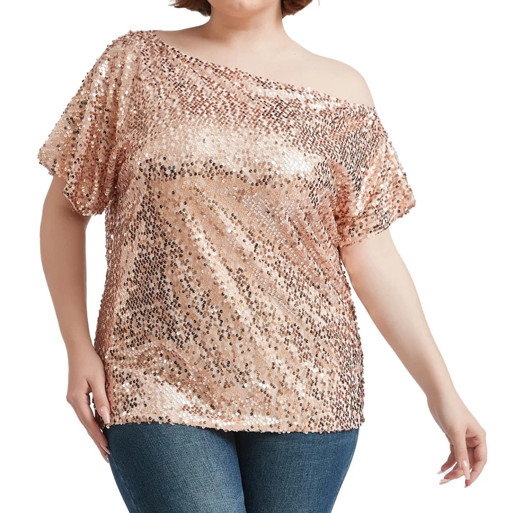 Anna-Kaci Pink Rose Gold Sequined One Shoulder Short Sleeves Party Top 3XL